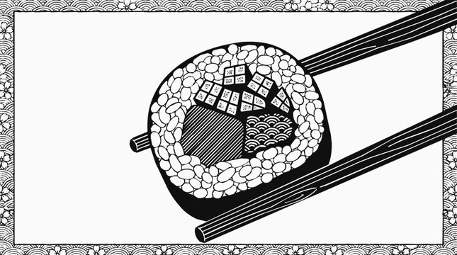Food - Stylized black and white illustration of a single sushi roll held by chopsticks, framed by decorative Japanese wave and floral patterns.