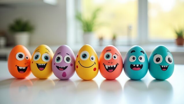 Colorful Easter eggs with cartoon faces arranged in a row on a white surface, bright natural light coming from a window in the background