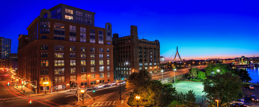 City lit up at dusk, Leonard P. Zakim Bunker Hill Bridge
