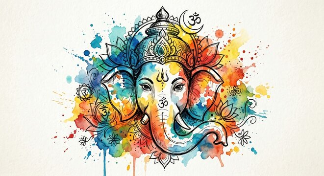 Vibrant watercolor ganesha illustration featuring traditional om symbols and floral motifs for spiritual festivals and cultural celebrations created in a detailed artistic style on textured paper