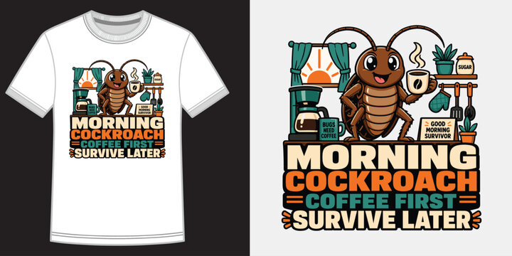 Morning cockroach coffee first survive later funny t-shirt design.