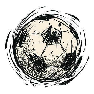 Classic leather soccer ball spinning hand drawn doodle lines childish style isolated