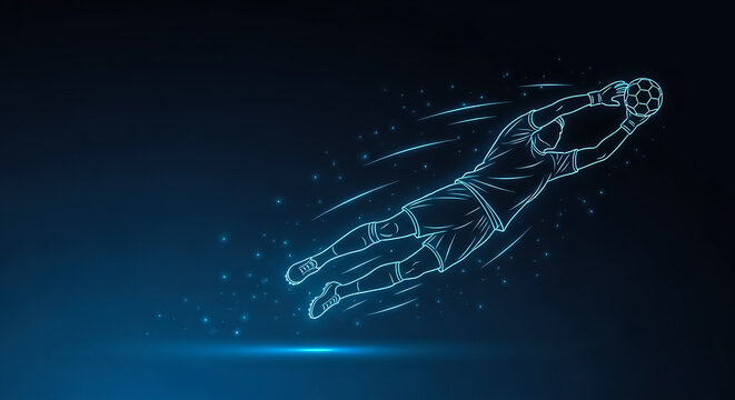 Illustrated digital artwork of a soccer player diving to head a ball, set against a starry space background with motion lines.