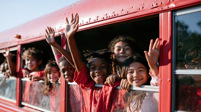 Happy school children waving from a red bus window for school transportation and field trip banner background and education campaign use