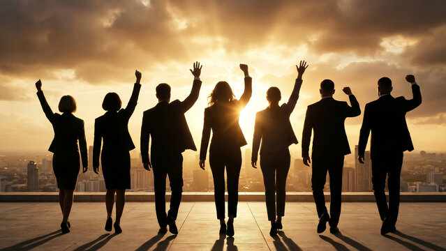 Sparkling Sunset Backlit Silhouettes of Japanese Business Team Raising Arms Toward Hope and Success on Rooftop Perfect for Corporate Recruitment Advertising and Growth Strategy Presentation