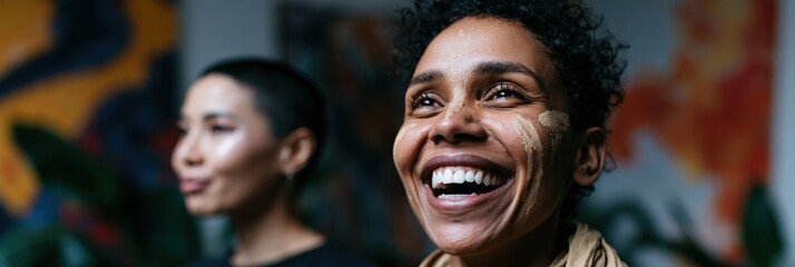 Fototapeta premium Diverse smiling women with face paint and cultural markings for artistic portrait banner background and community design