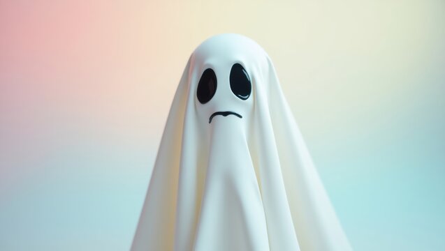 Cartoon ghost character with a sad expression, draped in a white sheet, set against a soft pastel gradient background featuring shades of pink and blue