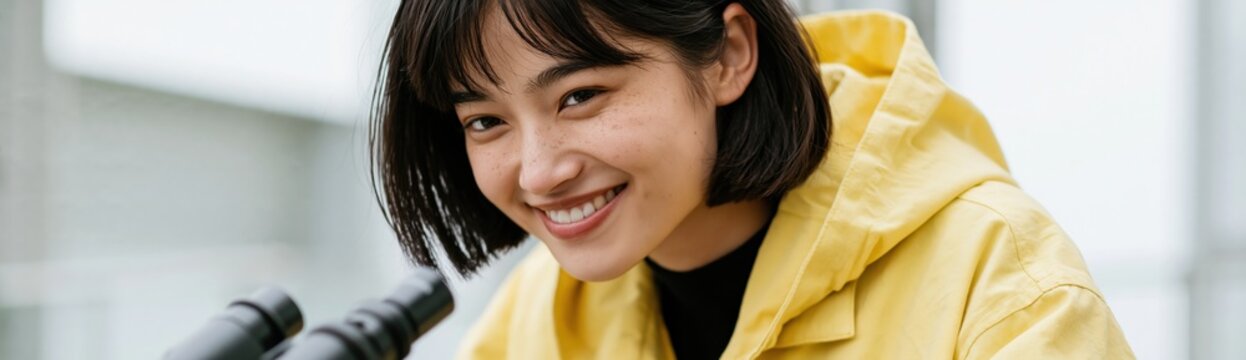 Smiling young woman in yellow hoodie using microscope for science education and research banner background for stem student and lab work