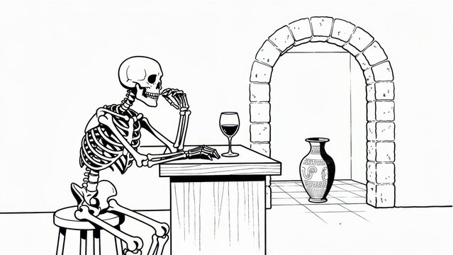 Minimalist black and white line art illustration of a human skeleton sitting thoughtfully at a table with a wine glass, featuring an ancient stone archway in a clean, conceptual style.