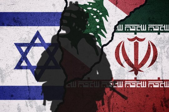 Flags of Israel, lebanon and Iran with soldier standing representing war and tensions in middle East. Iran attacked israel after beirut lebanon tensions. Geopolitical tensions around the world.