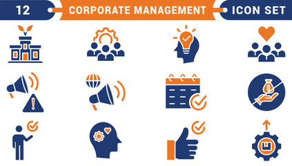 Fototapeta premium Corporate Management solid icon set. Containing Efficiency, Deadline, Workflow, and Productivity Dashboard. Solid vector icons for process, strategy, and project management.
