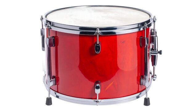 A vibrant, red drum, with a glossy finish and chrome accents, presented against a clean white backdrop
