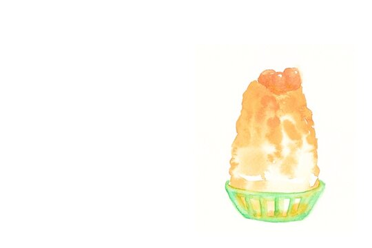 マンゴーかき氷の手描き水彩イラスト　左コピースペース