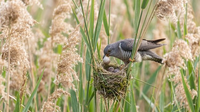 Common cuckoo female laying egg in nest among wild reeds in nature