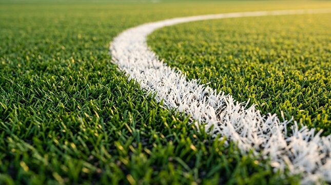 Artificial green grass soccer field with white boundary line, synthetic turf texture for sports stadium, close up of football pitch markings