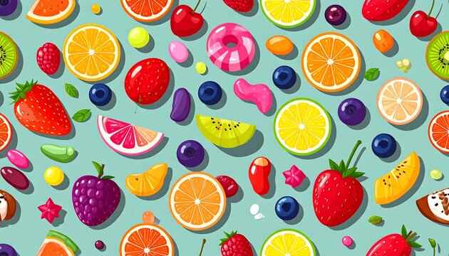 Colorful flat lay of assorted cartoon fruits and candies scattered on a light blue background, casting soft shadows
