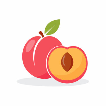 Flat illustration of a whole peach and a halved peach with pit