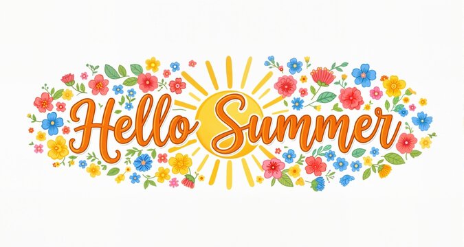 Hello Summer handwritten typography lettering text line design sun colorful flowers draw white isolated background banner
