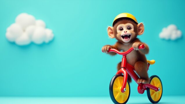 Cartoon monkey character riding a small red bicycle with yellow wheels and a matching helmet against a bright blue background with fluffy white clouds