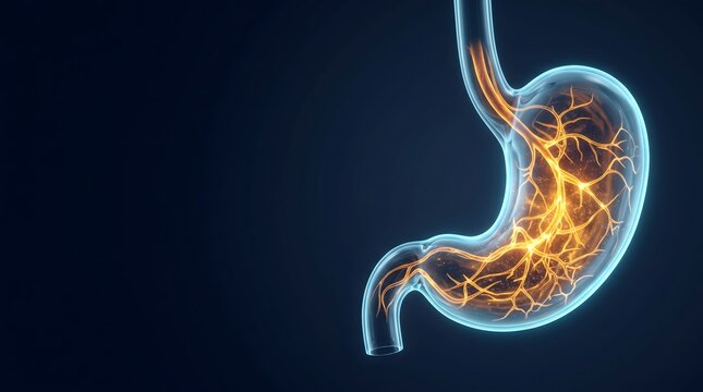Human stomach digestive system with intense fiery internal energy representing gastric health and medical anatomy
