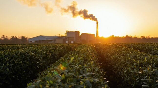 Rows of green tea plants stretch towards a distant factory at sunrise. Steam billows from a chimney into golden sky. Agriculture meets industry with hazy sun.
