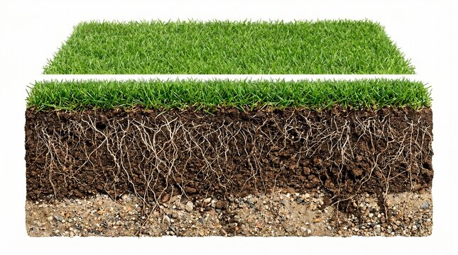 Cross section of green grass turf with soil layers and roots, underground earth ground profile, lush lawn sod patch on white background