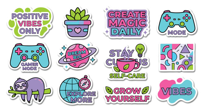 Set of 12 modern vector stickers, bold thick black outlines with subtle drop shadow .eps