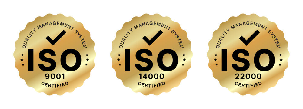 ISO Certified Quality Management System Badges Set with ISO 9001 14000 and 22000 Gold Labels
