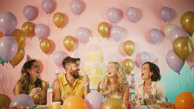 Joyful young friends laughing at a festive birthday party with pastel balloons and golden decor, soft cinematic lighting, warm celebration atmosphere, commercial stock photography, lifestyle event.