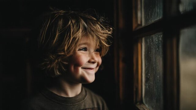 Young Caucasian boy smiling while looking out the window of a wooden cabin on a rainy day, capturing childhood joy, curiosity, comfort, and a cozy atmosphere indoors.