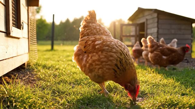 Brown hen standing on green grass near a wooden chicken coop at sunset in a rural farmyard