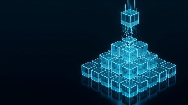 Blue glowing data blocks assembling into a technology pyramid structure representing blockchain network and digital computing