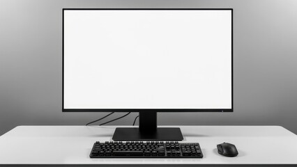 Fototapeta premium Modern desktop workstation featuring a sleek black monitor with a blank white screen, keyboard, and mouse on a clean desk. Professional studio lighting on a neutral gray background for tech design.