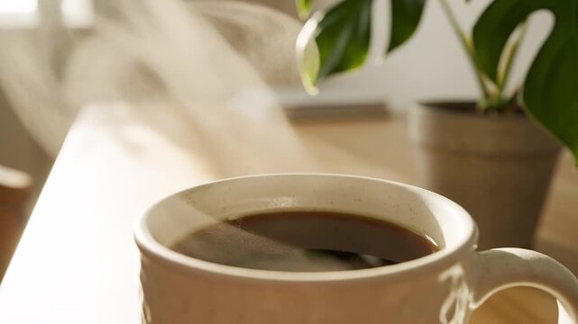 Scandinavian office interior with steaming coffee and natural light.