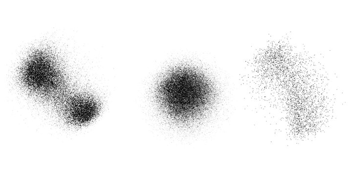 Grainy noise circles vector set. Dot grain texture circles. Spray texture sand and dissolving circles. Abstract black spheres with gradient stipple pattern.  Vector illustration