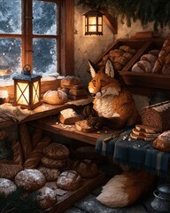 Naklejka premium Charming Fox in a Cozy Winter Bakery with Freshly Baked Bread