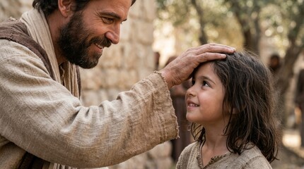 Fototapeta premium Jesus places his hand on a young girl's head, blessing her in a humble setting
