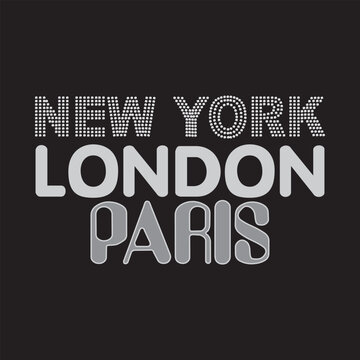 Retro Y2K streetwear graphic design featuring New York London Paris typography with rhinestone, bold, and outline font styles isolated on a black background.