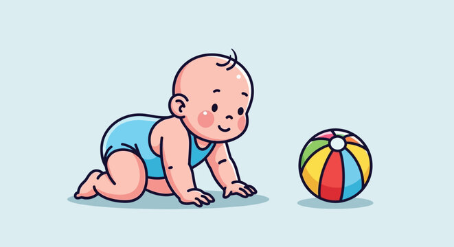 Baby crawling with colorful beach ball.