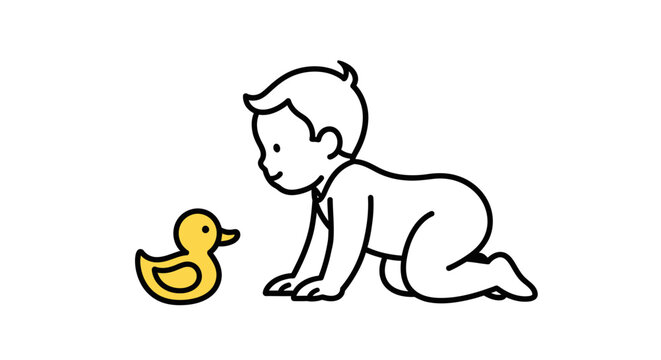 Baby crawling with rubber duck toy.