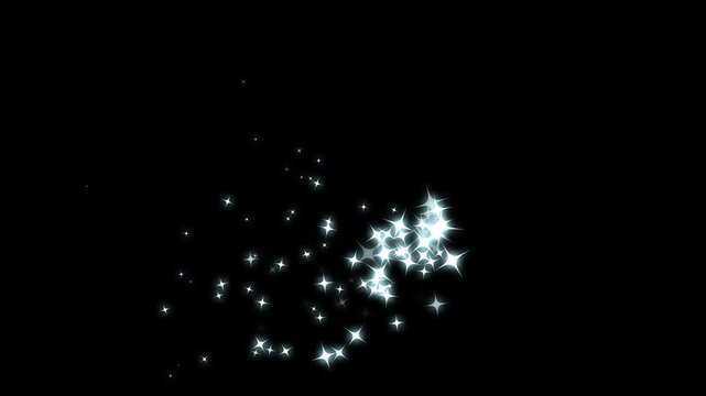 4K Luxury sparkling star trail, explosion, glowing pixie dust swirl, white fairy glitter animation, dazzling light streak, magical twinkle particles, fantasy motion graphics overlay on black screen.