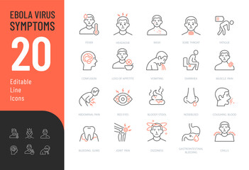 Obraz premium Ebola Virus Symptoms Line Editable Icons set. Vector illustration in a modern thin line style of Ebola virus disease symptoms: fever, headache, rash, and more. Isolated on transparent background. 