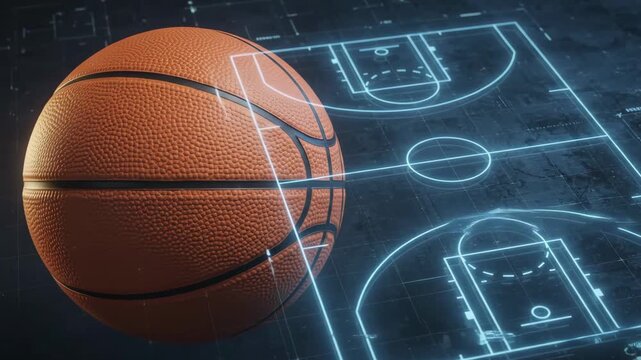 A close-up of a basketball is positioned next to a high-tech holographic diagram of a basketball court.  game strategy analysis and digital technology in modern sports.