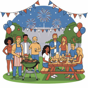 Diverse group of friends and family enjoying a summer barbecue celebration with fireworks in the background.