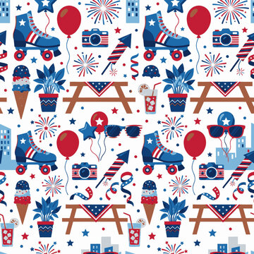 Seamless pattern of American Independence Day celebration elements including roller skates, picnic tables, fireworks, and ice cream.