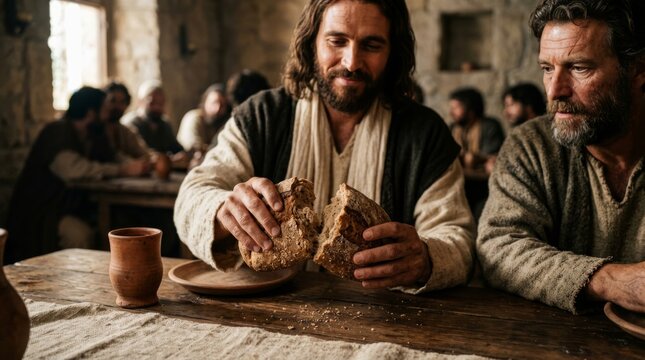 Jesus breaking bread with a disciple at a table, sharing a meal in an ancient setting