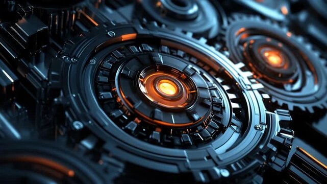 Different parts of a machine are shown with rotating gears and glowing lights. The focus is on the interactions of these components in a dark space. Motion creates a dynamic view