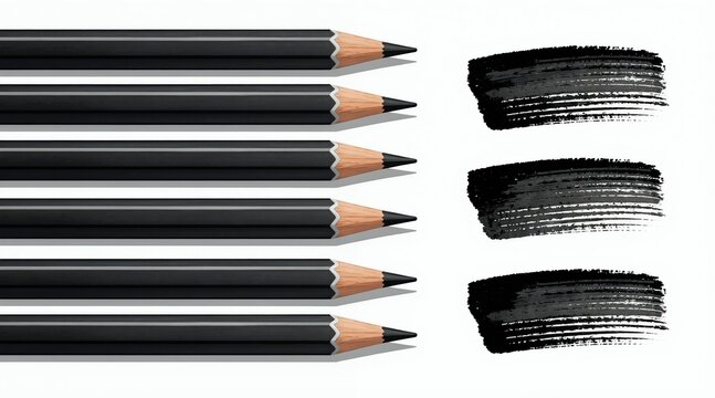 Collection of graphite pencils and black ink brush strokes. Digital art tools for drawing and sketching. Perfect for graphic designers and illustrators.