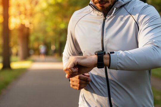 Man checks smartwatch during park run. Athlete tracks fitness progress, exercises outdoors in sunlight. Healthy man monitors pace, time, distance on wrist device.