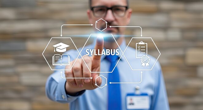 Mature businessman touching digital syllabus interface with educational icons during a presentation concept
